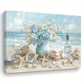 1 Piece Framed Wooden Canvas Painting, One Piece Blue Vase Floral Canvas Print, Wooden Frame Wall Art, Shell And Ocean Theme, Home And Office Dec (Option: 32X16inch)