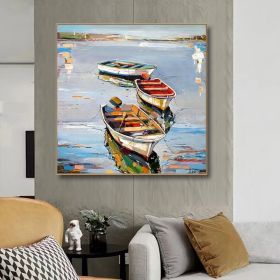 Hand Painted Oil Painting Canoe oil Paintings Nordic Seascape-Hand-Painted- Colorful Boats Oil Painting-Wall Art Handmade- For Home Decoration (style: 01, size: 70x70cm)