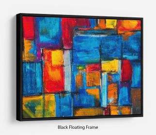 Blue and Red Square Abstract Painting Floating Frame Canvas (Color: Oak, size: 16" x 12" / 42cm x 30cm (approx))